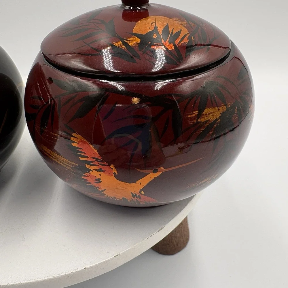 Vtg Asian lacquerware trinket boxes Set Of 2 hand-painted Red Black